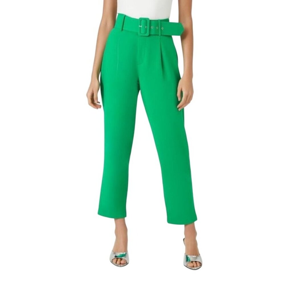 Belted Tapered Leg Ankle Pants High Waist Lined Green Size S